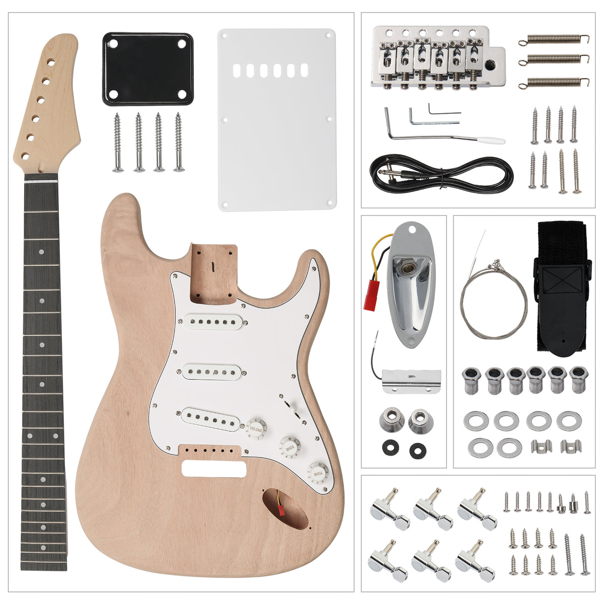 Szzzp DIY 6 String ST Style Electric Guitar Kits with Mahogany Body, Maple Neck and Accessories
