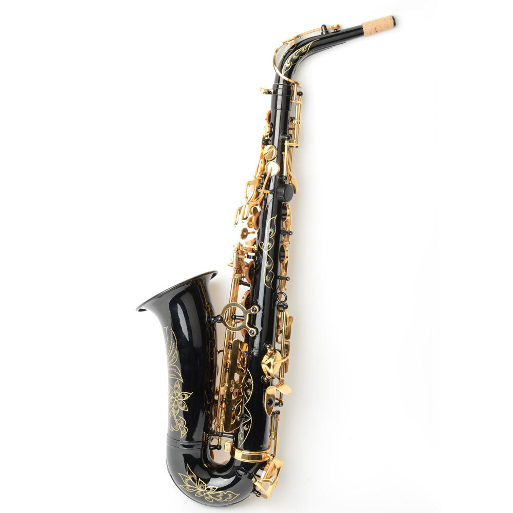 Szzzp Be Brass Carving Pattern Pearl White Shell Button Saxophone with Strap - Black