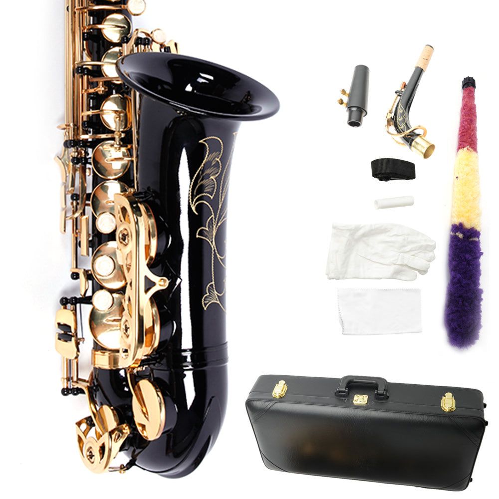 Szzzp Be Brass Carving Pattern Pearl White Shell Button Saxophone with Strap - Black