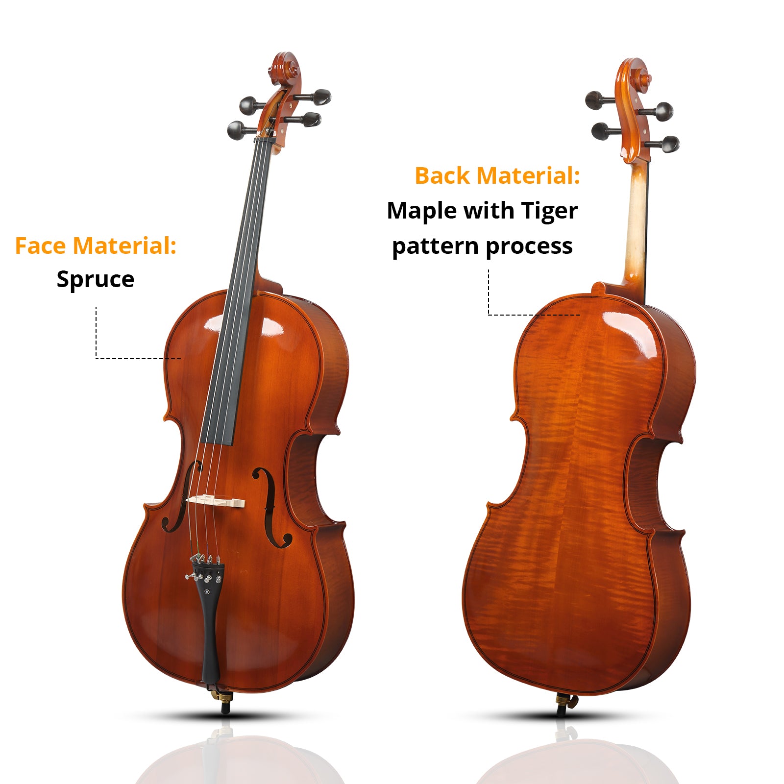 Szzzp Full Side 4/4 Natural Color Spruce Panel Cello Tiger pattern process with Bag Bow Rosin Bridge Strings