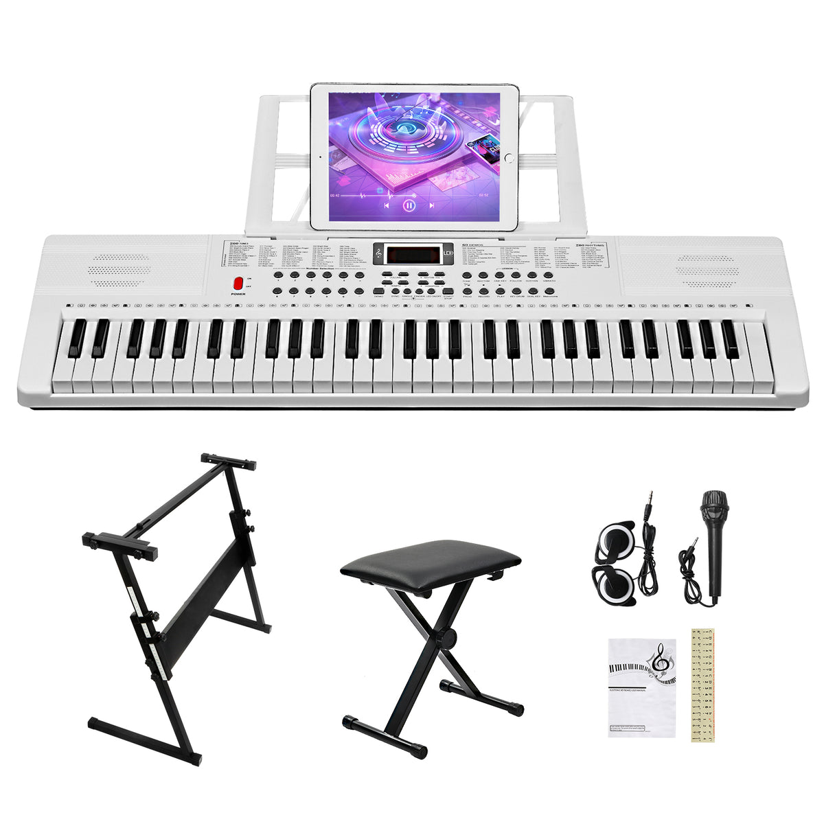 Szzzp GEP-110 61 Key Lighting Keyboard with Piano Stand, Piano Bench, Built In Speakers, Headphone, Microphone, Music Rest, LED Screen