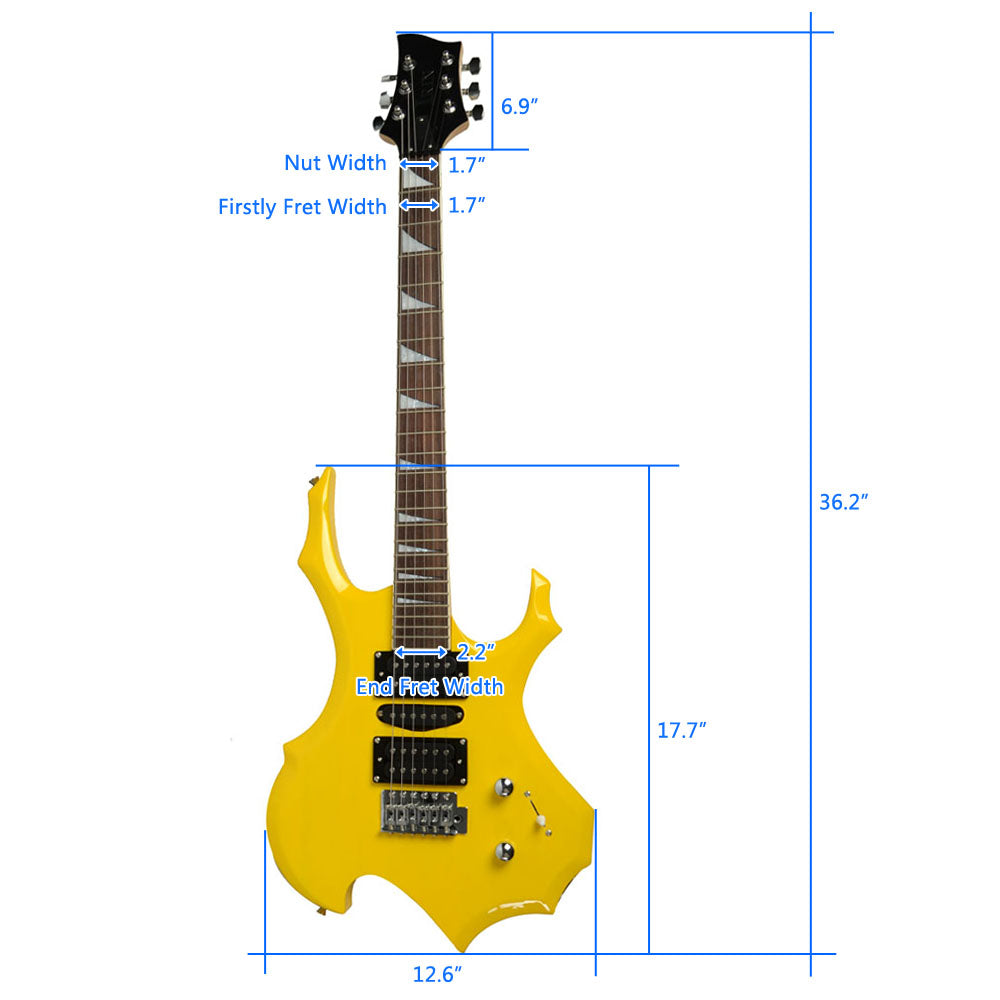 Szzzp Novice Flame Shaped Electric Guitar HSH Pickup Bag Strap Paddle Rocker Cable Wrench Tool Yellow