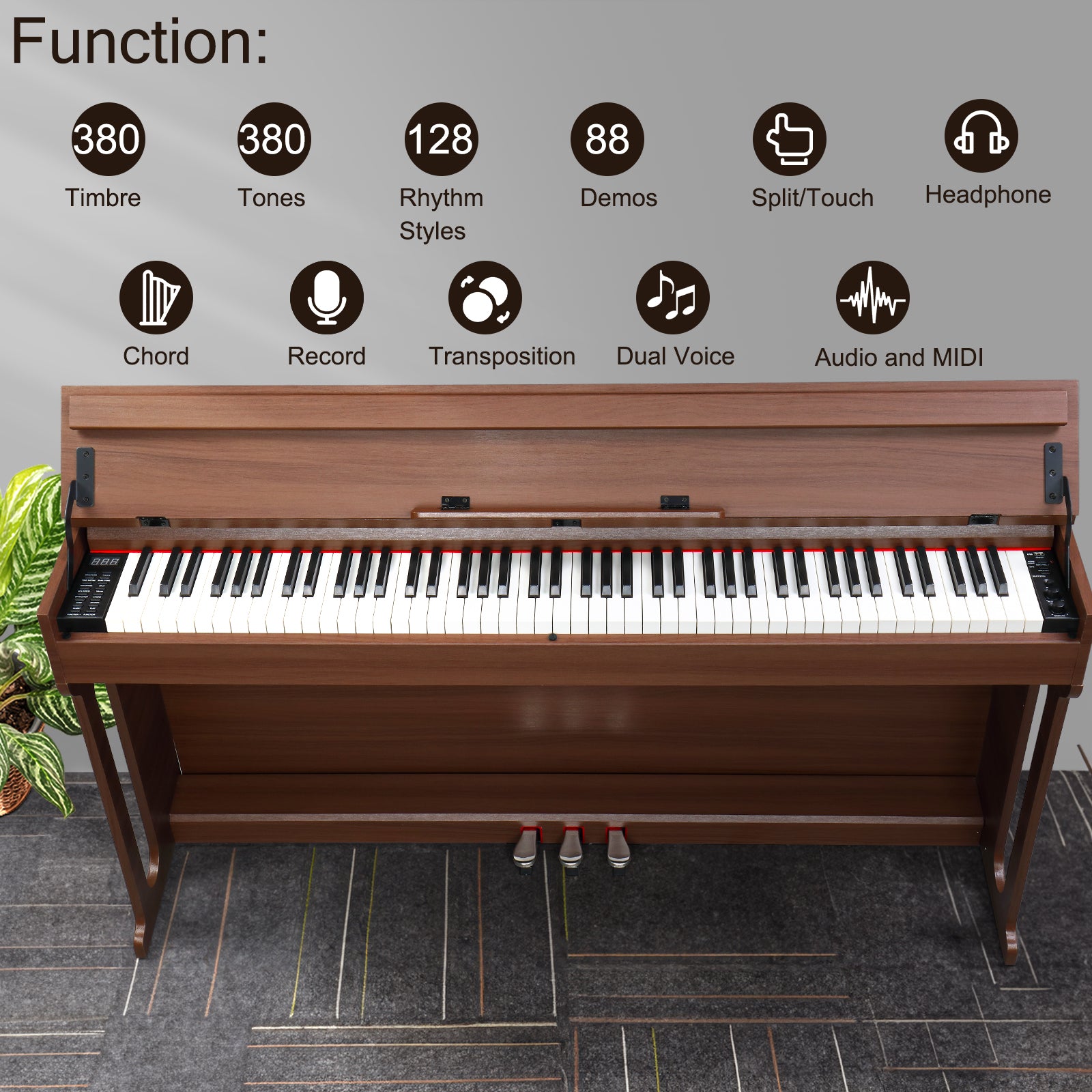 Szzzp GDP-107 88 Key Standard Full Weighted Keyboards Digital Piano with Furniture Stand, Audio and MIDI Bluetooth, Triple Pedals, Headphone，for Black Walnut