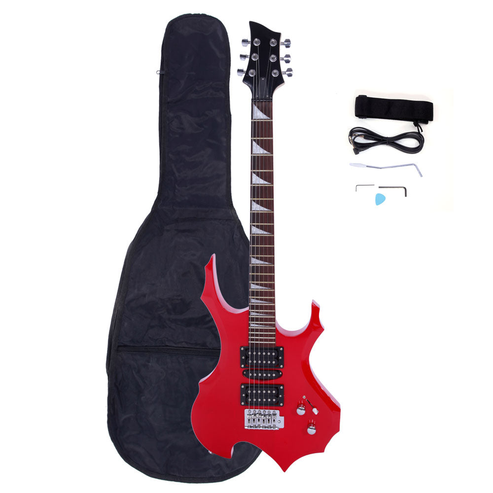 Szzzp Novice Flame Shaped Electric Guitar HSH Pickup Bag Strap Paddle Rocker Cable Wrench Tool - Red