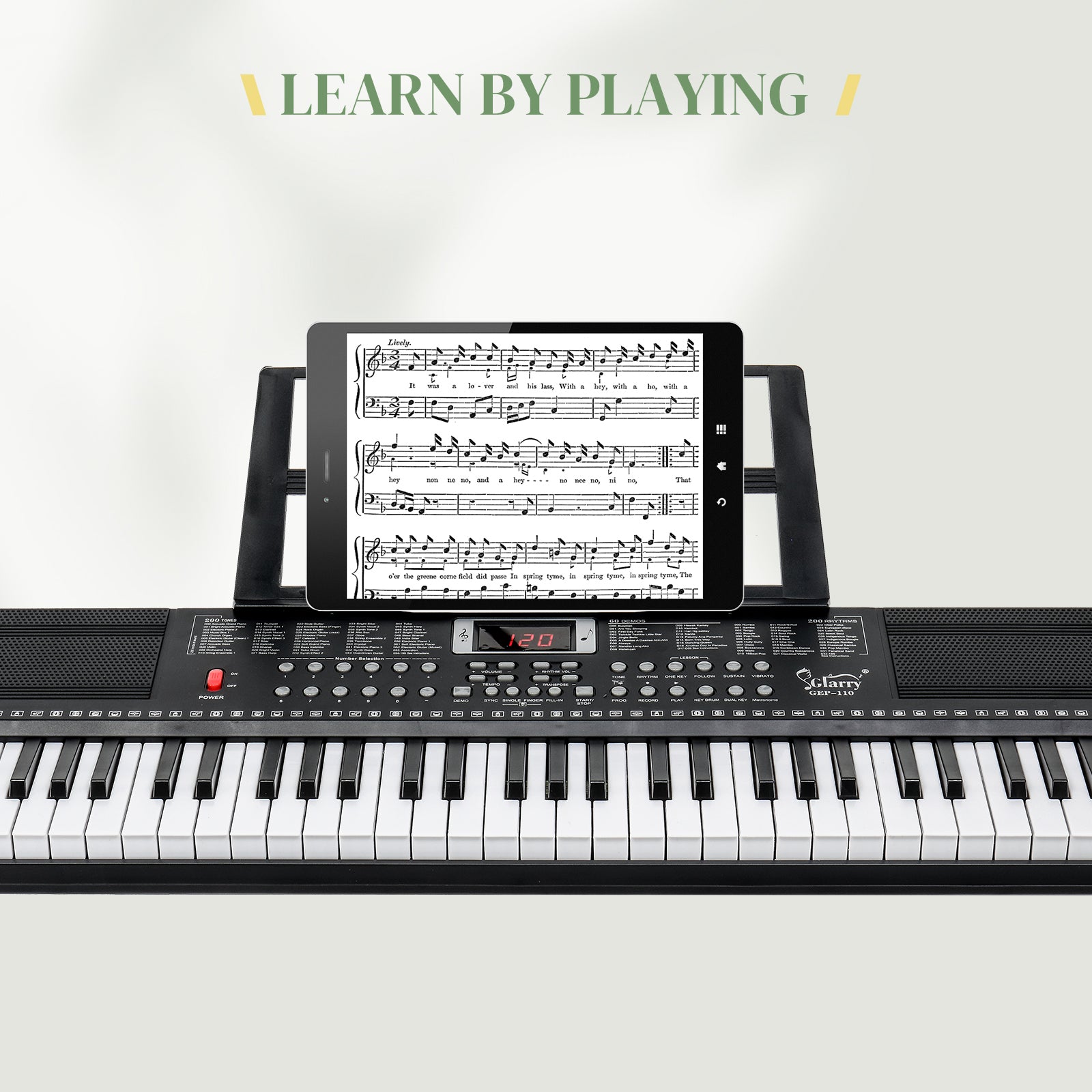 Szzzp GEP-110 61 Key Keyboard with Piano Stand, Piano Bench, Built In Speakers, Headphone, Microphone, Music Rest, LED Screen, 3 Teaching Modes for Beginners
