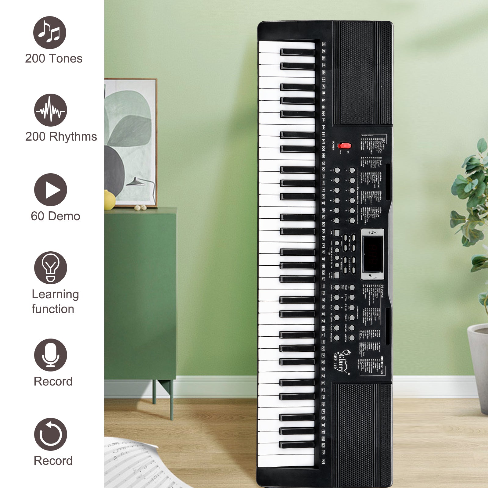 Szzzp GEP-110 61 Key Keyboard with Piano Stand, Piano Bench, Built In Speakers, Headphone, Microphone, Music Rest, LED Screen, 3 Teaching Modes for Beginners