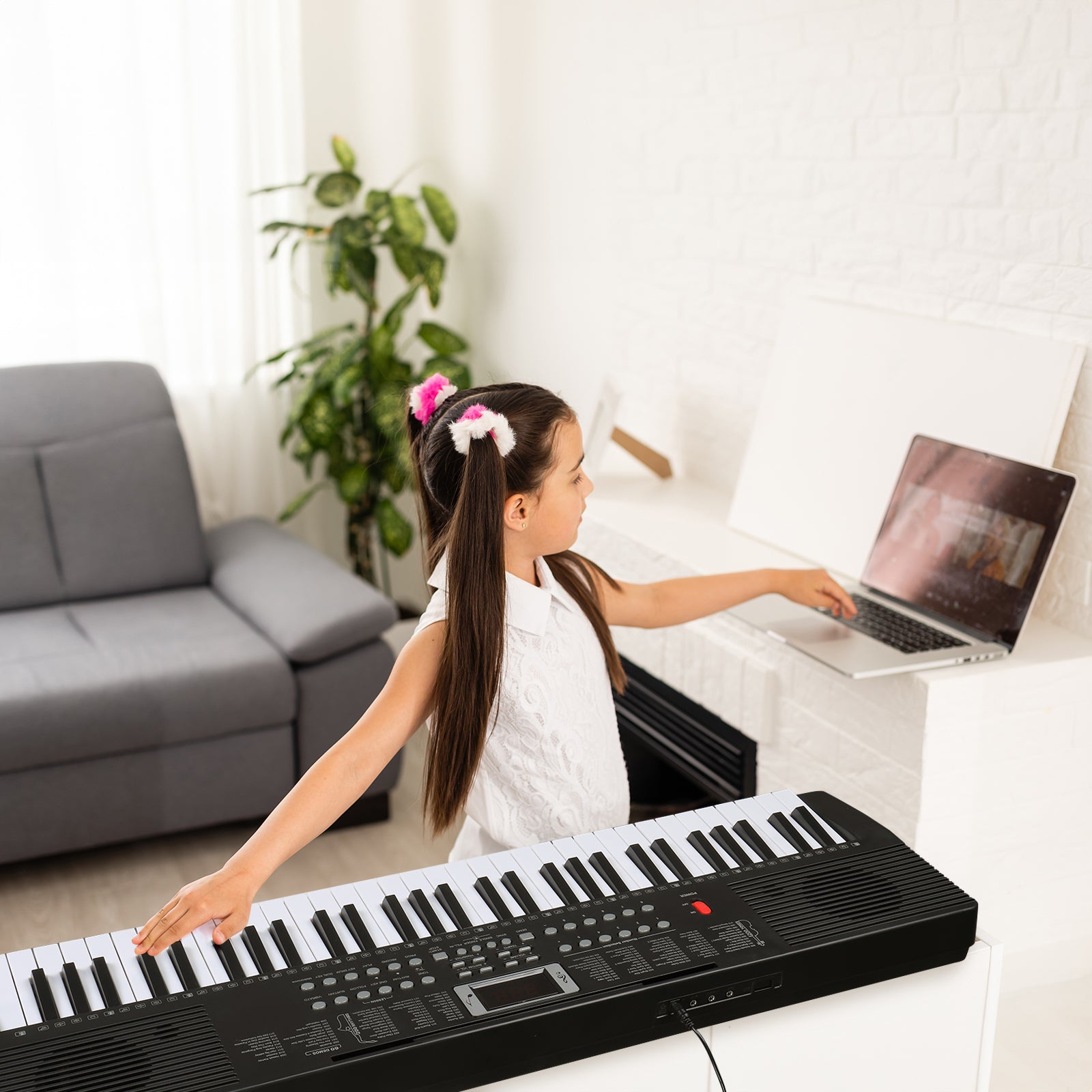 Szzzp GEP-203 61 Key Keyboard with Piano Stand, Piano Bench, Built In Speakers, Headphone, Microphone, Music Rest, LED Screen