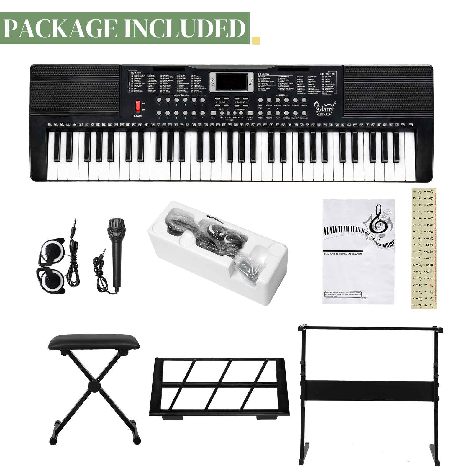 Szzzp GEP-110 61 Key Keyboard with Piano Stand, Piano Bench, Built In Speakers, Headphone, Microphone, Music Rest, LED Screen, 3 Teaching Modes for Beginners