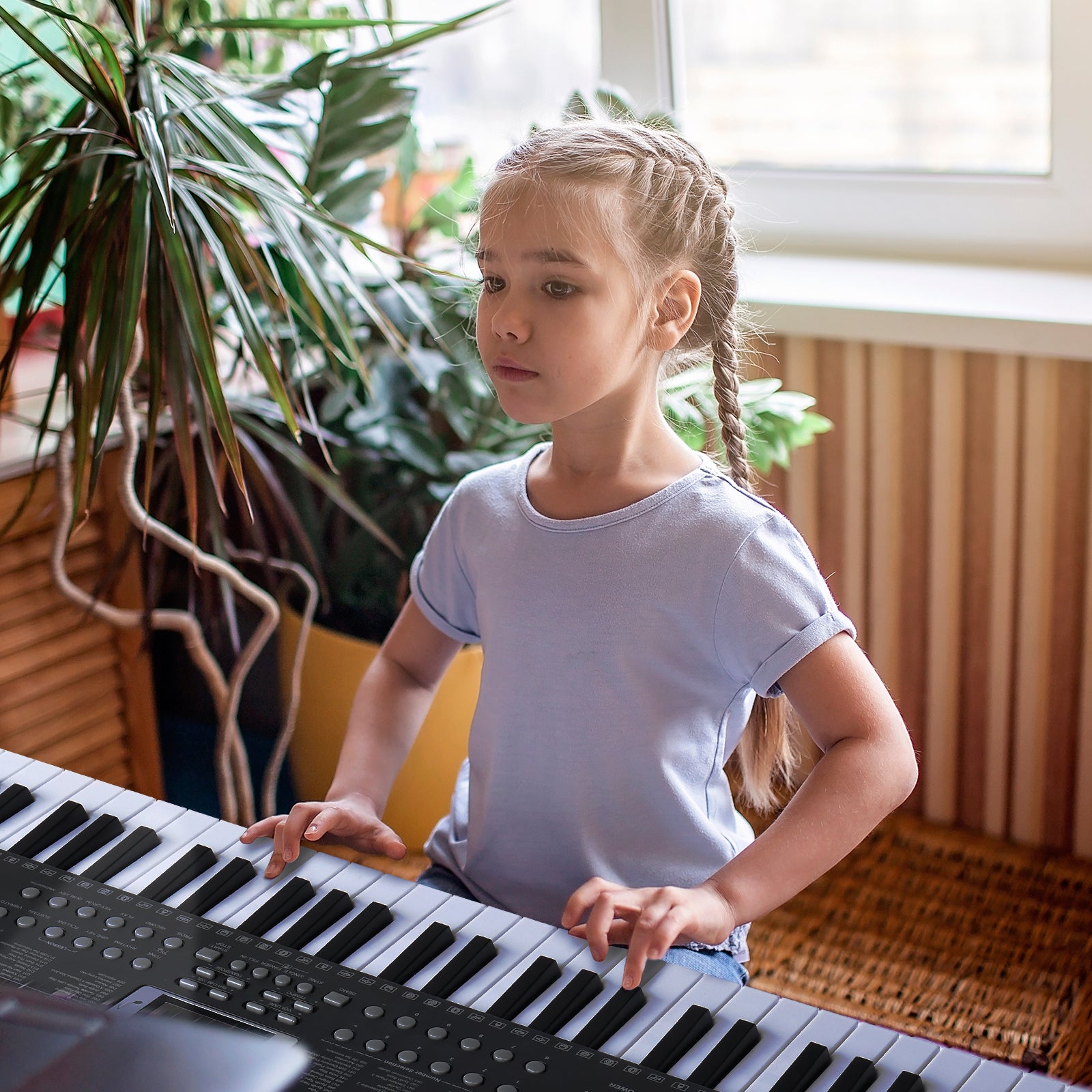Szzzp GEP-110 61 Key Keyboard with Piano Stand, Piano Bench, Built In Speakers, Headphone, Microphone, Music Rest, LED Screen, 3 Teaching Modes for Beginners