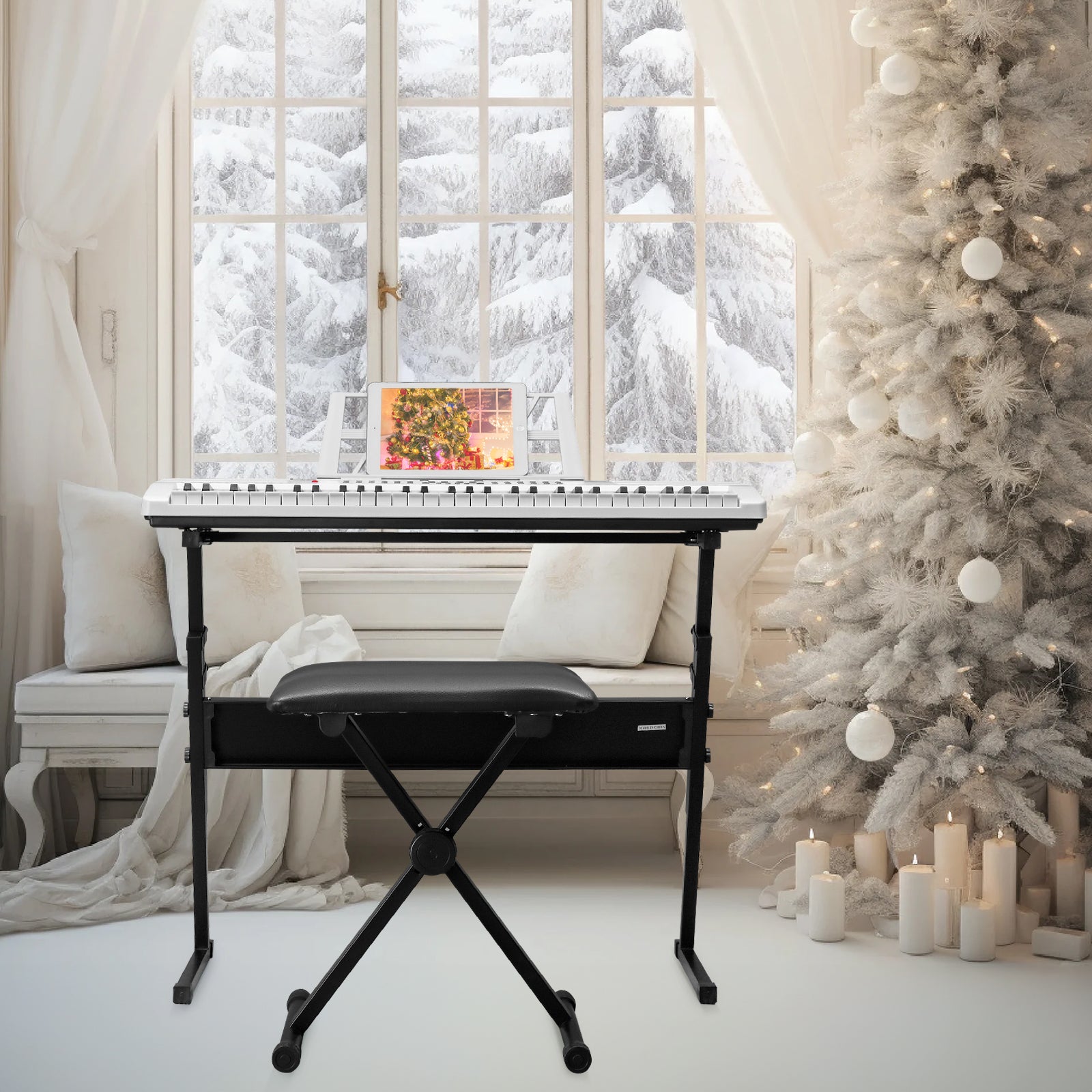 Szzzp GEP-110 61 Key Lighting Keyboard with Piano Stand, Piano Bench, Built In Speakers, Headphone, Microphone, Music Rest, LED Screen