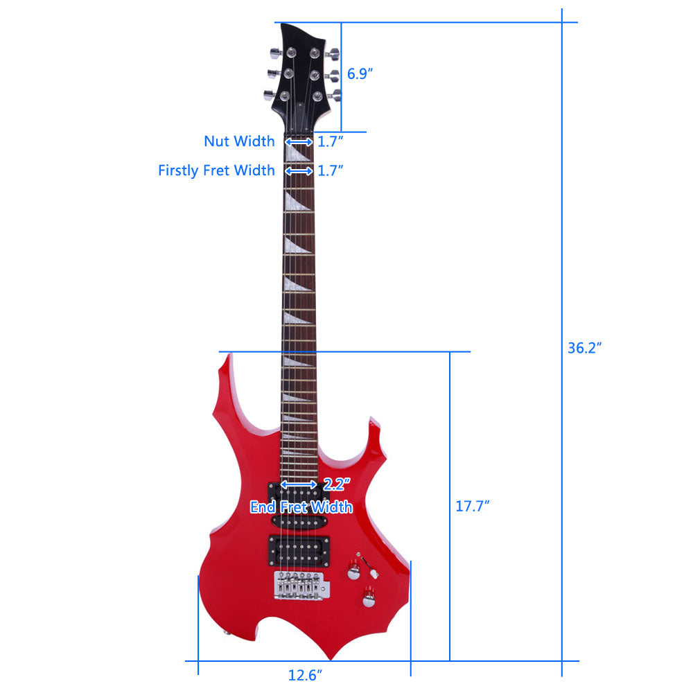 Szzzp Novice Flame Shaped Electric Guitar HSH Pickup Bag Strap Paddle Rocker Cable Wrench Tool - Red