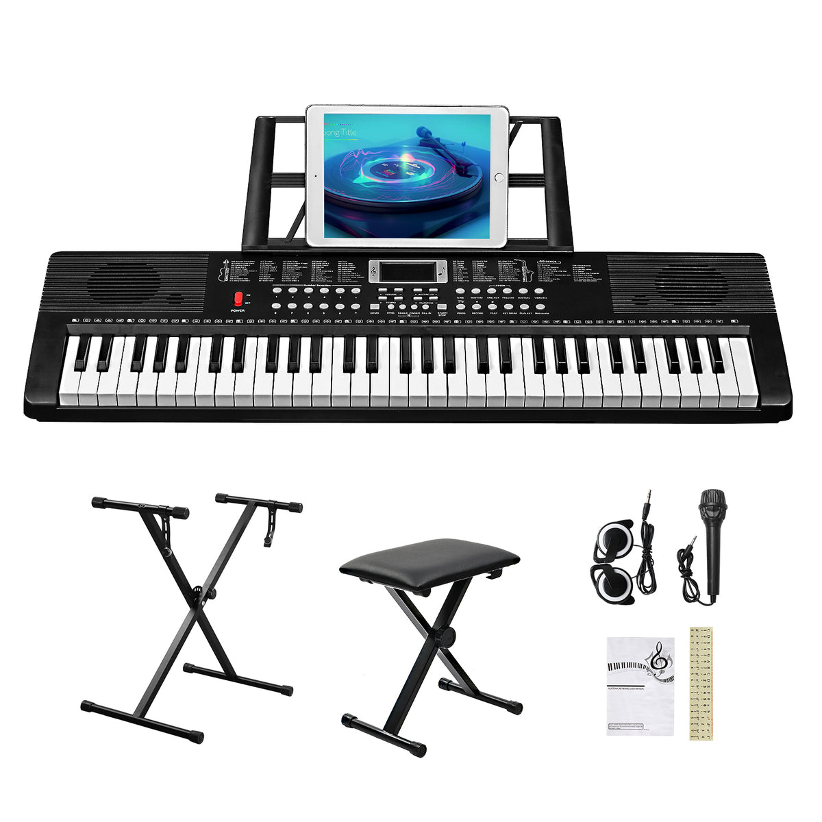 Szzzp GEP-203 61 Key Keyboard with Piano Stand, Piano Bench, Built In Speakers, Headphone, Microphone, Music Rest, LED Screen