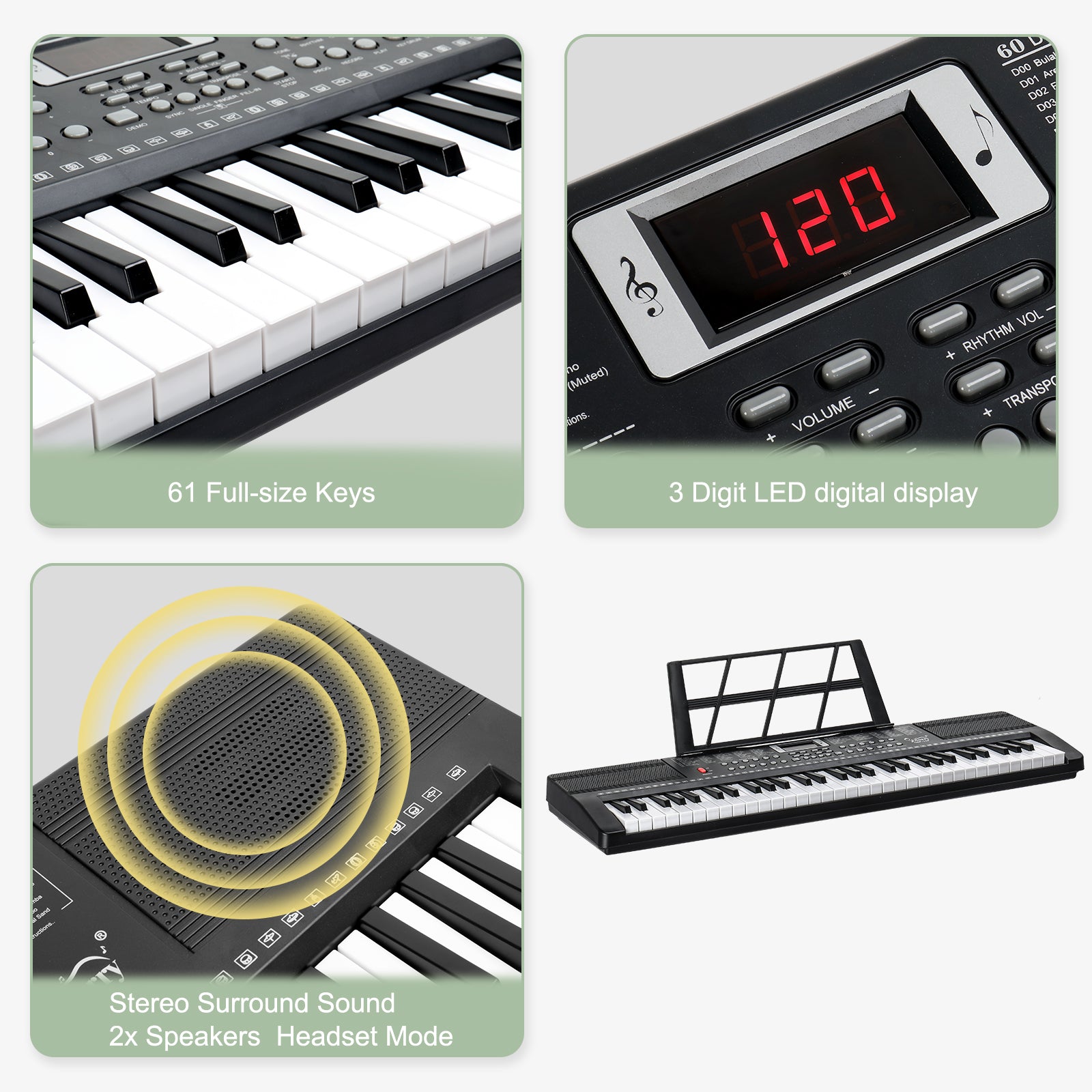 Szzzp GEP-110 61 Key Keyboard with Piano Stand, Piano Bench, Built In Speakers, Headphone, Microphone, Music Rest, LED Screen, 3 Teaching Modes for Beginners