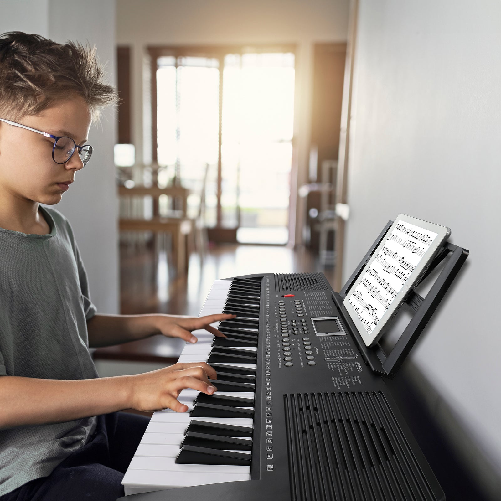 Szzzp GEP-203 61 Key Keyboard with Piano Stand, Piano Bench, Built In Speakers, Headphone, Microphone, Music Rest, LED Screen