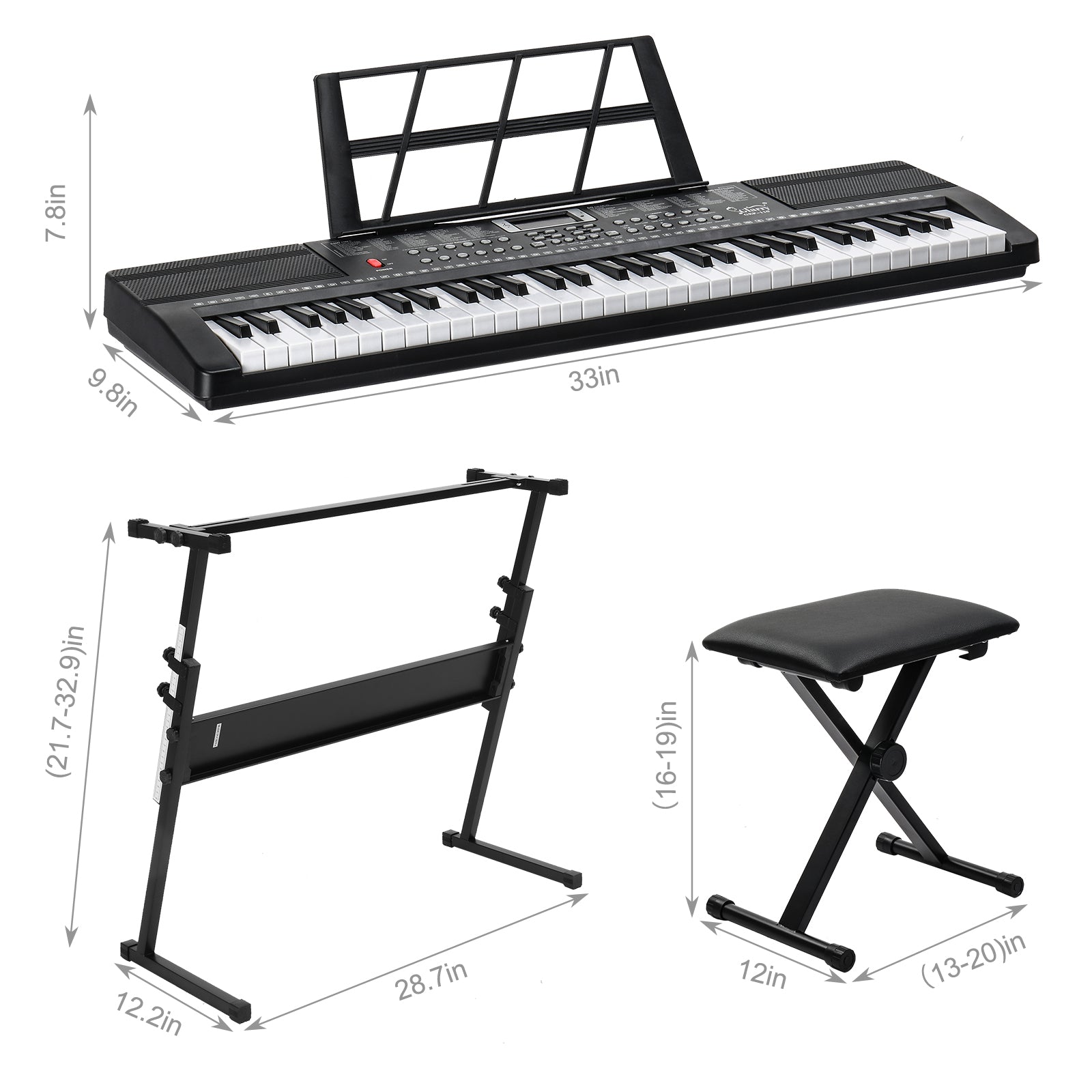 Szzzp GEP-110 61 Key Keyboard with Piano Stand, Piano Bench, Built In Speakers, Headphone, Microphone, Music Rest, LED Screen, 3 Teaching Modes for Beginners