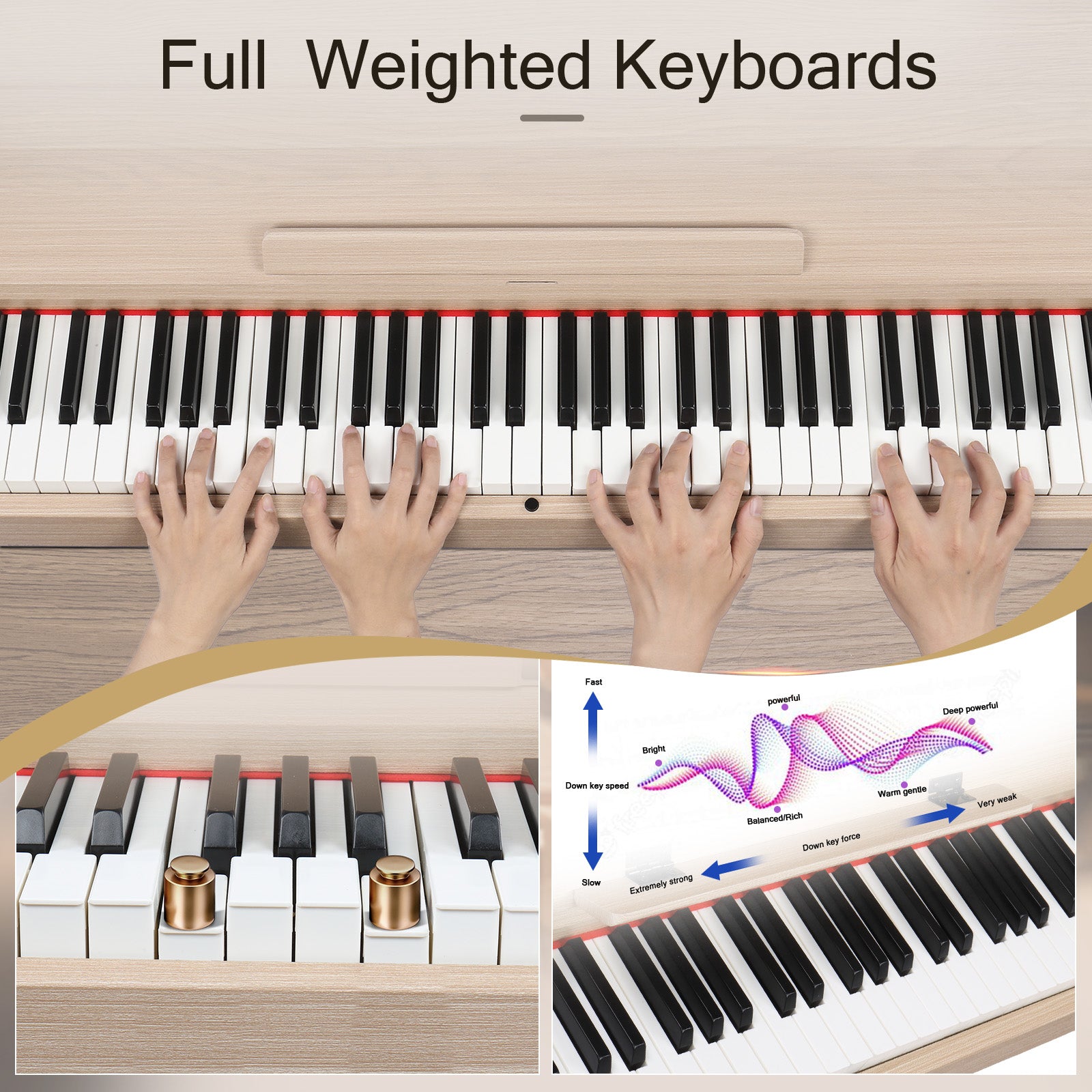 Szzzp 88 Key Standard Full Weighted Keyboards Digital Piano with Metal Stand, Power Adapter, Triple Pedals, Headphone，for All Experience Levels Natural Technology Wood