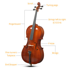 Szzzp Full Side 4/4 Natural Color Spruce Panel Cello Tiger pattern process with Bag Bow Rosin Bridge Strings