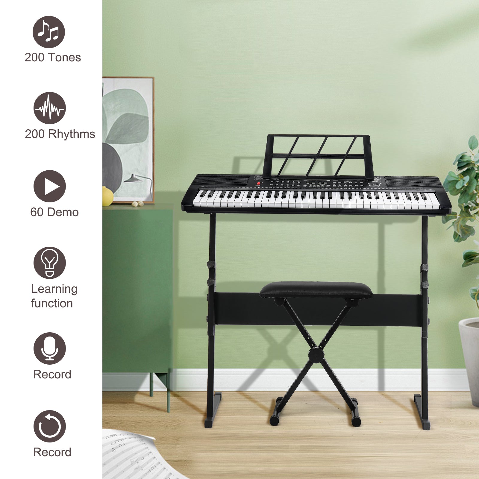 Szzzp GEP-110 61 Key Keyboard with Piano Stand, Piano Bench, Built In Speakers, Headphone, Microphone, Music Rest, LED Screen, 3 Teaching Modes for Beginners