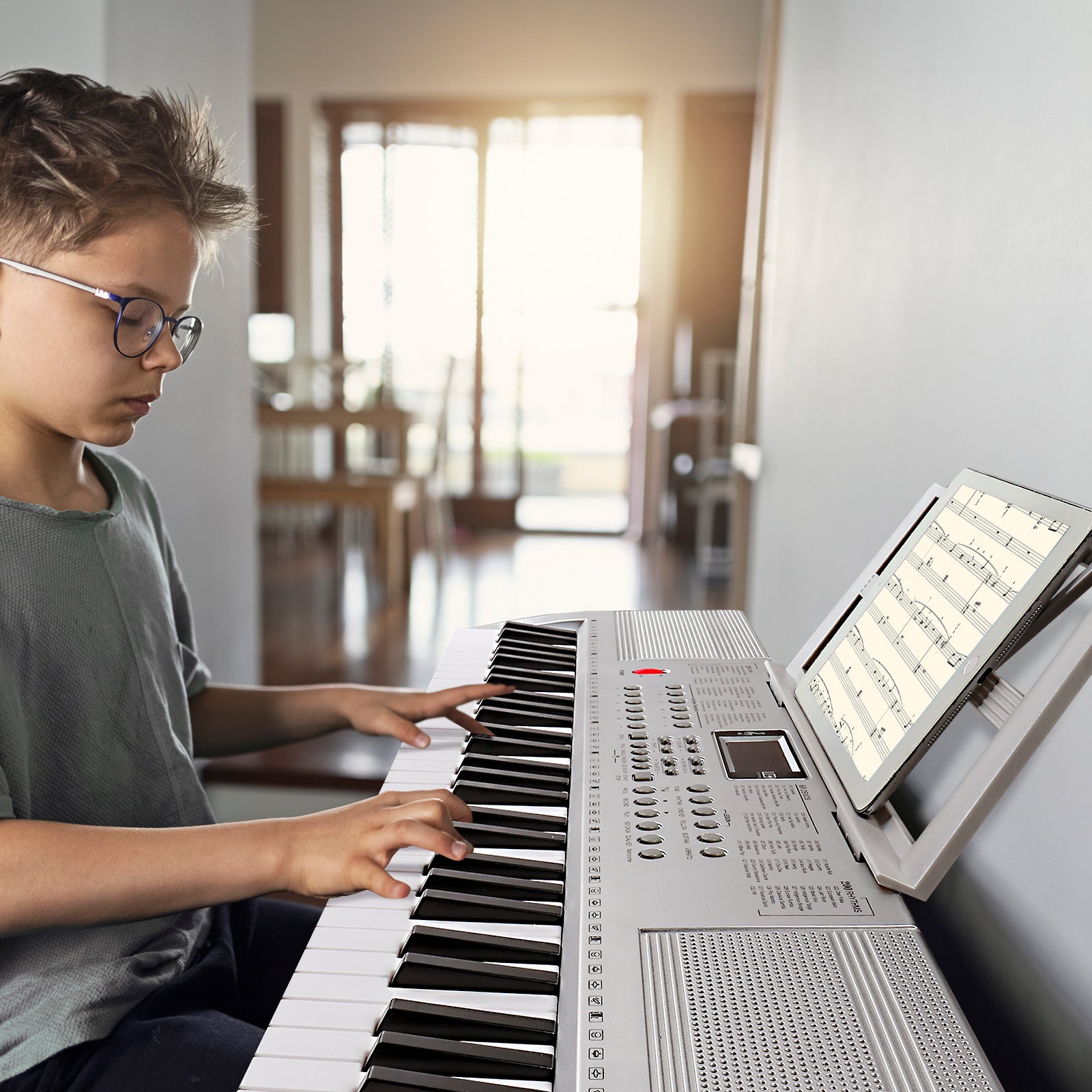 Szzzp GEP-110 61 Key Lighting Keyboard with Piano Stand, Piano Bench, Built In Speakers, Headphone, Microphone, Music Rest, LED Screen