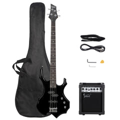 Glarry Burning Fire Electric Bass Guitar Full Size 4 String w/20W Amplifier - Black