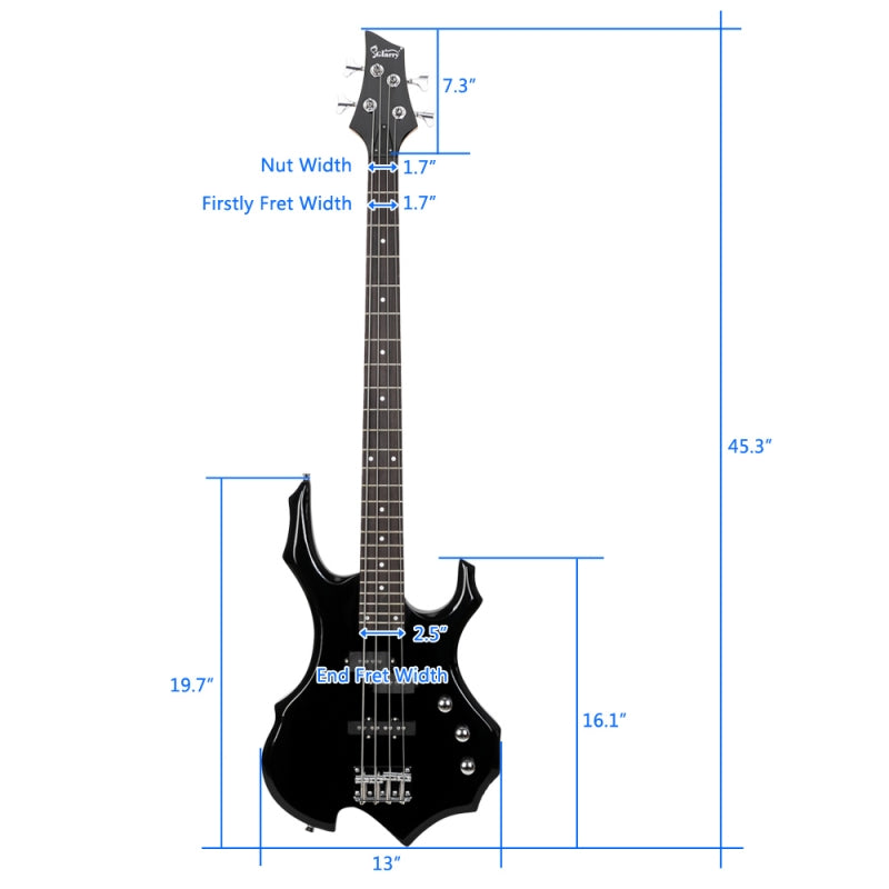 Glarry Burning Fire Electric Bass Guitar Full Size 4 String w/20W Amplifier - Black