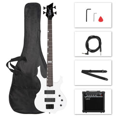 Glarry Burning Fire Electric Bass Guitar HH Pickups w/ 20W Amplifier - White