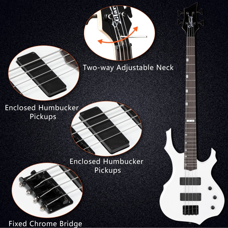 Glarry Burning Fire Electric Bass Guitar HH Pickups w/ 20W Amplifier - White