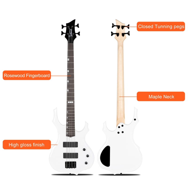 Glarry Burning Fire Electric Bass Guitar HH Pickups w/ 20W Amplifier - White