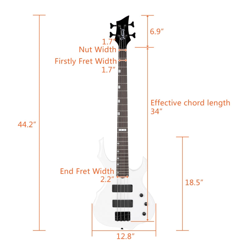 Glarry Burning Fire Electric Bass Guitar HH Pickups w/ 20W Amplifier - White