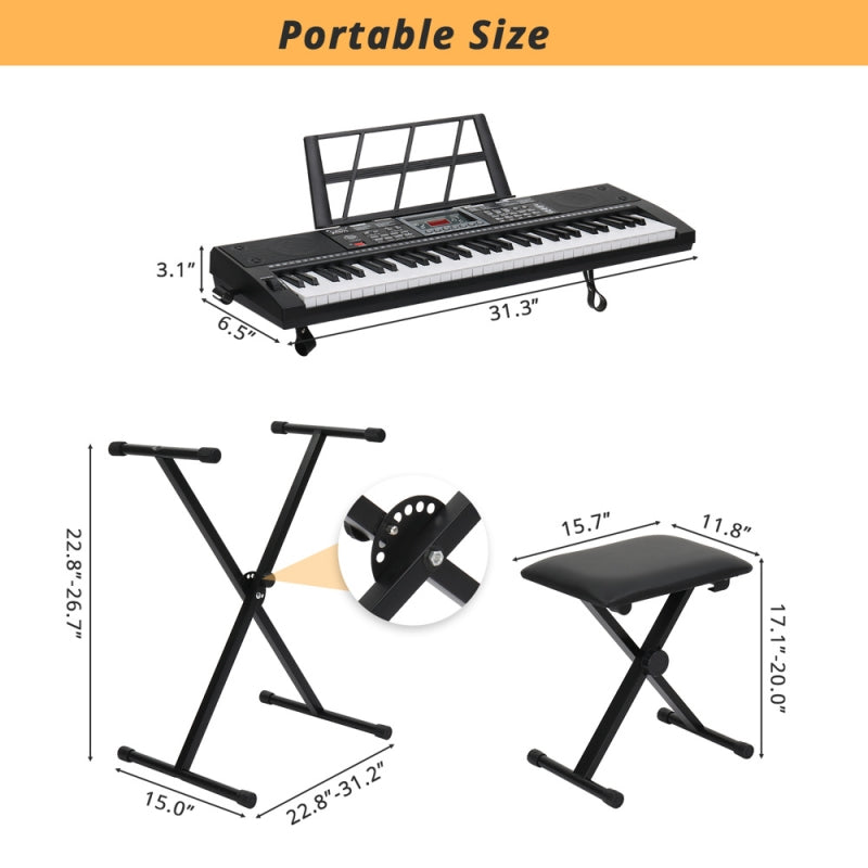 Glarry GEP-202 61-Key Keyboard with Piano Stool - Black