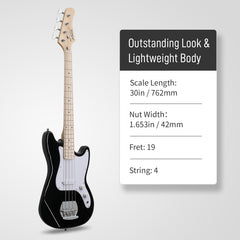 Glarry 30in GB Electric Bass Guitar Short Scale - Black
