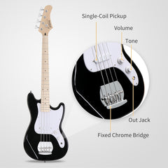 Glarry 30in GB Electric Bass Guitar Short Scale - Black