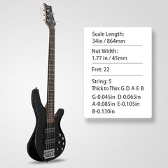 Glarry GIB 5 String Bass Guitar Full Size Open-coil HH Pickup - Black